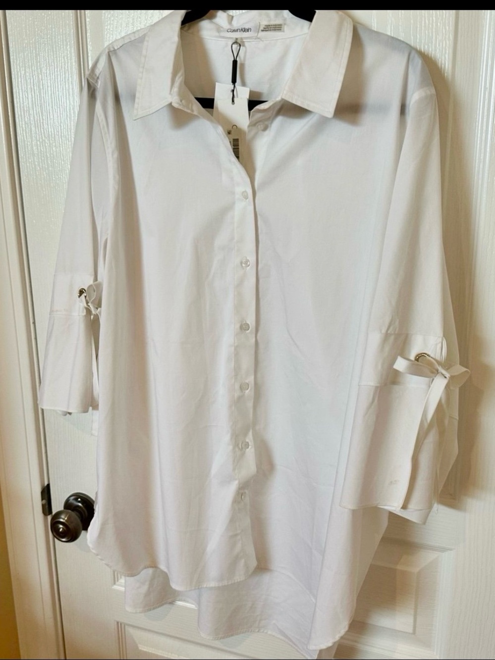 CALVIN KLEIN size 1X White Oversized Button-Up Quarter Sleeve Blouse NEW $89